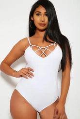 White Padded Strappy Caged One Piece Swimsuit Areous