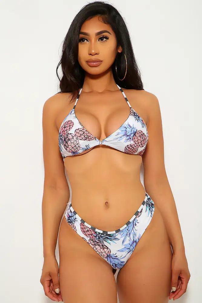 White Pineapple Graphic Print String Two Piece Swimsuit Areous