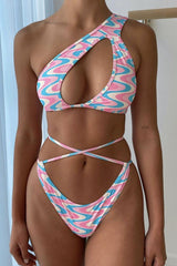 White Pink Blue One Shoulder Cut Out Strappy Cheeky Two Piece Swimsuit Areous