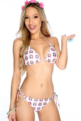 White Pink Emoji Print Two Piece Swimsuit Areous