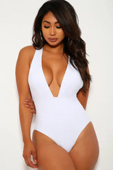 White Plunging Neckline One Piece Swimsuit Areous