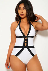 White Plunging V Neck Line One Piece Swimsuit Areous