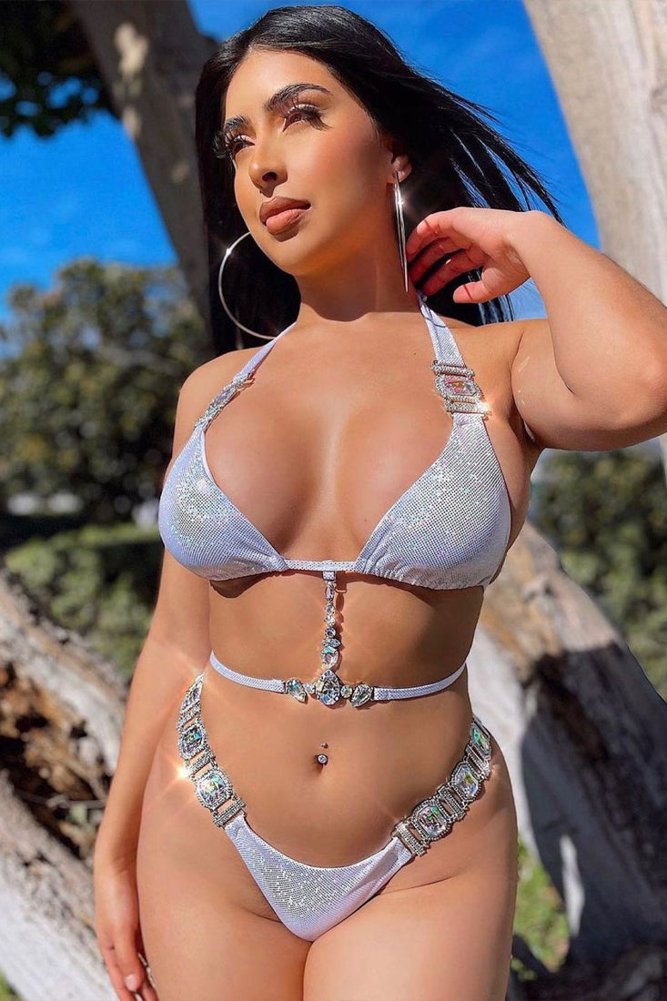 White Shimmery Rhinestone Accent Two Piece Swimsuit Areous