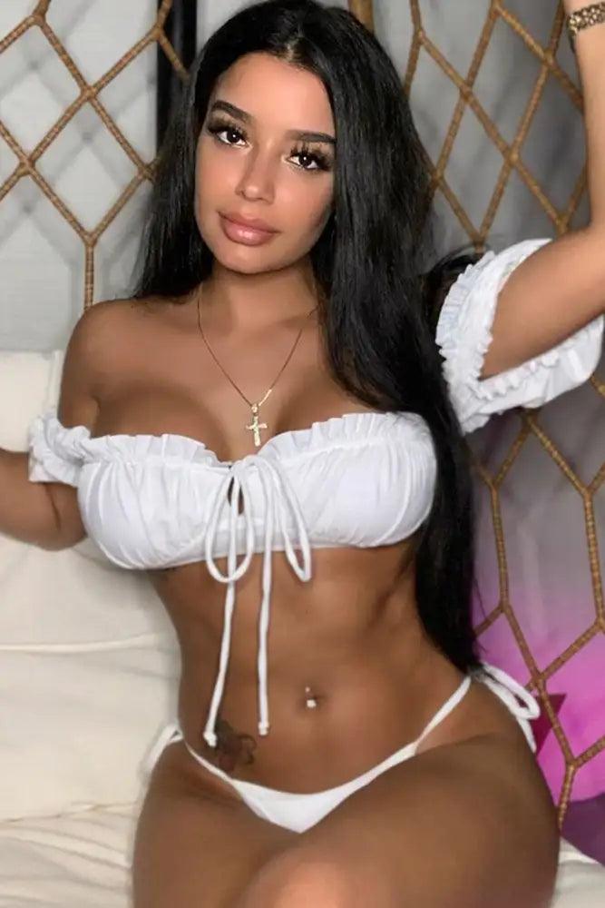 White Short Sleeve Ruffled Two Piece Swimsuit Areous