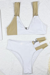 White Silver Clip Strappy V-Neck 2 Pc Swimsuit Areous