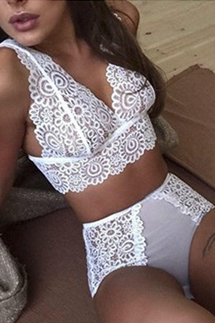 White Sleeveless Lace High Waist Two Piece Lingerie Areous