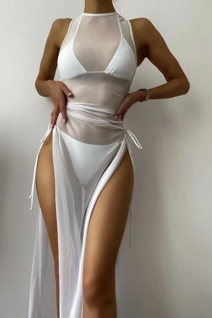 White Sleeveless Mesh Coverup Three Piece Swimsuit Areous