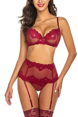 Wine Mesh Embroidered Gartered Three Piece Lingerie Areous