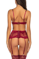 Wine Mesh Embroidered Gartered Three Piece Lingerie Areous