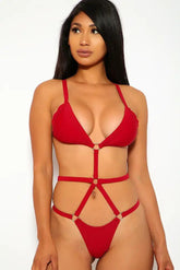 Wine Strappy Monokini O-Ring One Piece Swimsuit Areous