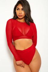 Wine Three Piece Mesh Triangle Bold Swimsuit Areous