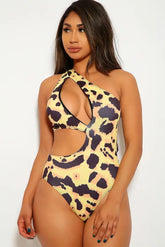 Yellow Black Animal Print Cut Out One Piece Swimsuit Areous