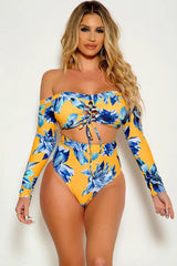 Yellow Floral Long Sleeve Off The Shoulder Lace Up Tow Piece Swimsuit Areous