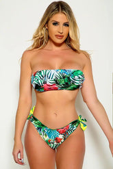Yellow Green Strapless Ruffled Two Piece Swimsuit Areous