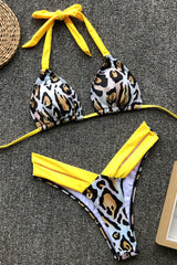 Yellow Leopard Print Cheeky Halter 2 Pc Swimsuit Areous