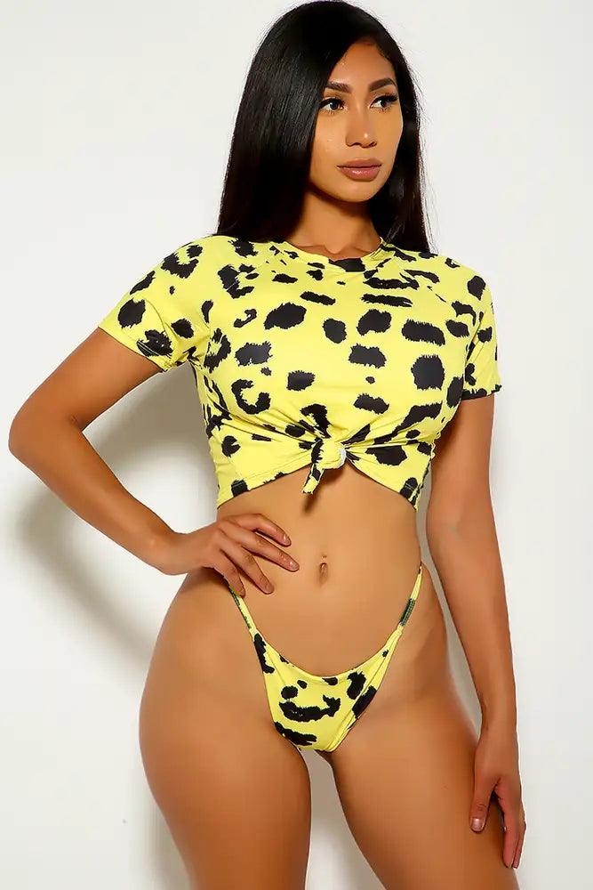 Yellow Leopard Print Two Piece Swimsuit Areous