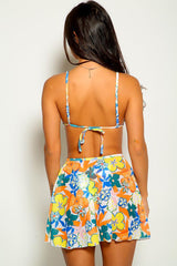 Yellow Orange Floral Print Cheeky Three Piece Swimsuit Areous