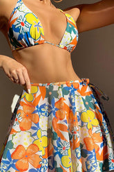 Yellow Orange Floral Print Cheeky Three Piece Swimsuit Areous