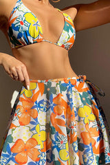Yellow Orange Floral Print Cheeky Three Piece Swimsuit Areous