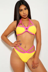 Yellow Pink Two Tone Strappy Padded Two Piece Bikini Areous