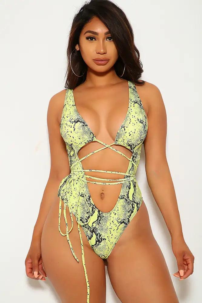 Yellow Snake Strappy One Piece Monokini Swimsuit Areous