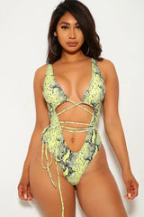 Yellow Snake Strappy One Piece Monokini Swimsuit Areous