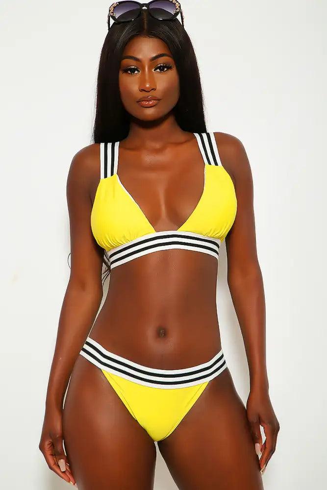 Yellow Striped Mid Rise Two Piece Swimsuit Areous