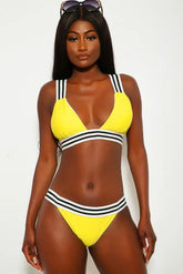 Yellow Striped Mid Rise Two Piece Swimsuit Areous