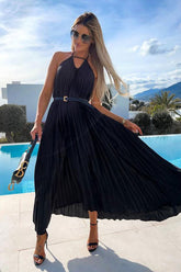Flowy Halter Smocked Waist A Line Chiffon Pleated Maxi Dress - Black