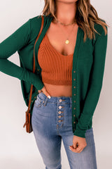 Green Lightweight Knit Ribbed Trim Snap Button Cardigan