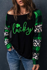Green Lucky Clover Glitter Pattern Leopard Plaid Splicing Top