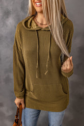 Green Ribbed Drawstring Pullover Hoodie With Kangaroo Pocket