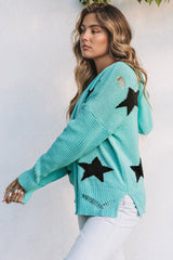 Green V Neck Star Pattern Hooded Sweater With Slits