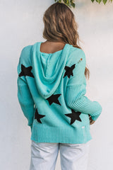 Green V Neck Star Pattern Hooded Sweater With Slits