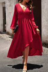 Solid Color V Neck Ruffle Hem Dress