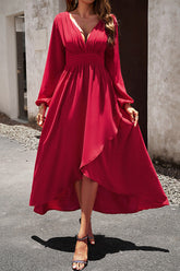 Solid Color V Neck Ruffle Hem Dress