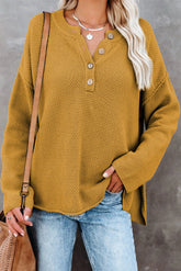 Henley Pullover Drop Shoulder Sweater With Slits