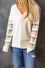 Khaki Contrast Striped Sleeve Sweater