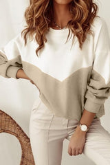 Khaki Crew Neck Drop-Shoulder Color Block Sweatshirt