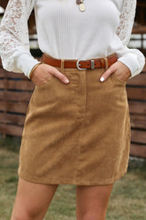 Khaki High Waist Corduroy Mini Skirt With Pockets