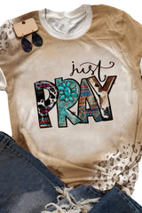 Khaki Just Pray Weatern Fashion Leopard Bleached Tee