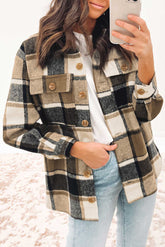 Khaki Retro Plaid Button Flap Pocket Shacket