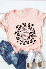 Pink Leopard Letter Printed Slim Fit Short Sleeve T Shirt