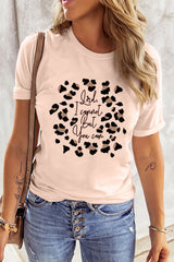 Pink Leopard Letter Printed Slim Fit Short Sleeve T Shirt