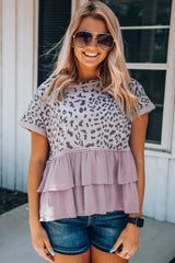 Pink Leopard Tiered Ruffle Short Sleeve Top