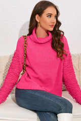 Pink Ribbed Turtleneck Fuzzy Sleeve Knit Sweater