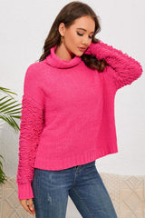 Pink Ribbed Turtleneck Fuzzy Sleeve Knit Sweater