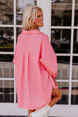 Pink Solid Color Long Sleeve Oversized Tunic Shirt