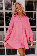 Pink Solid Color Long Sleeve Oversized Tunic Shirt