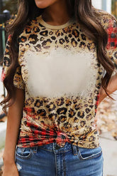 Plaid Bleached Leopard Print Short Sleeve T Shirt